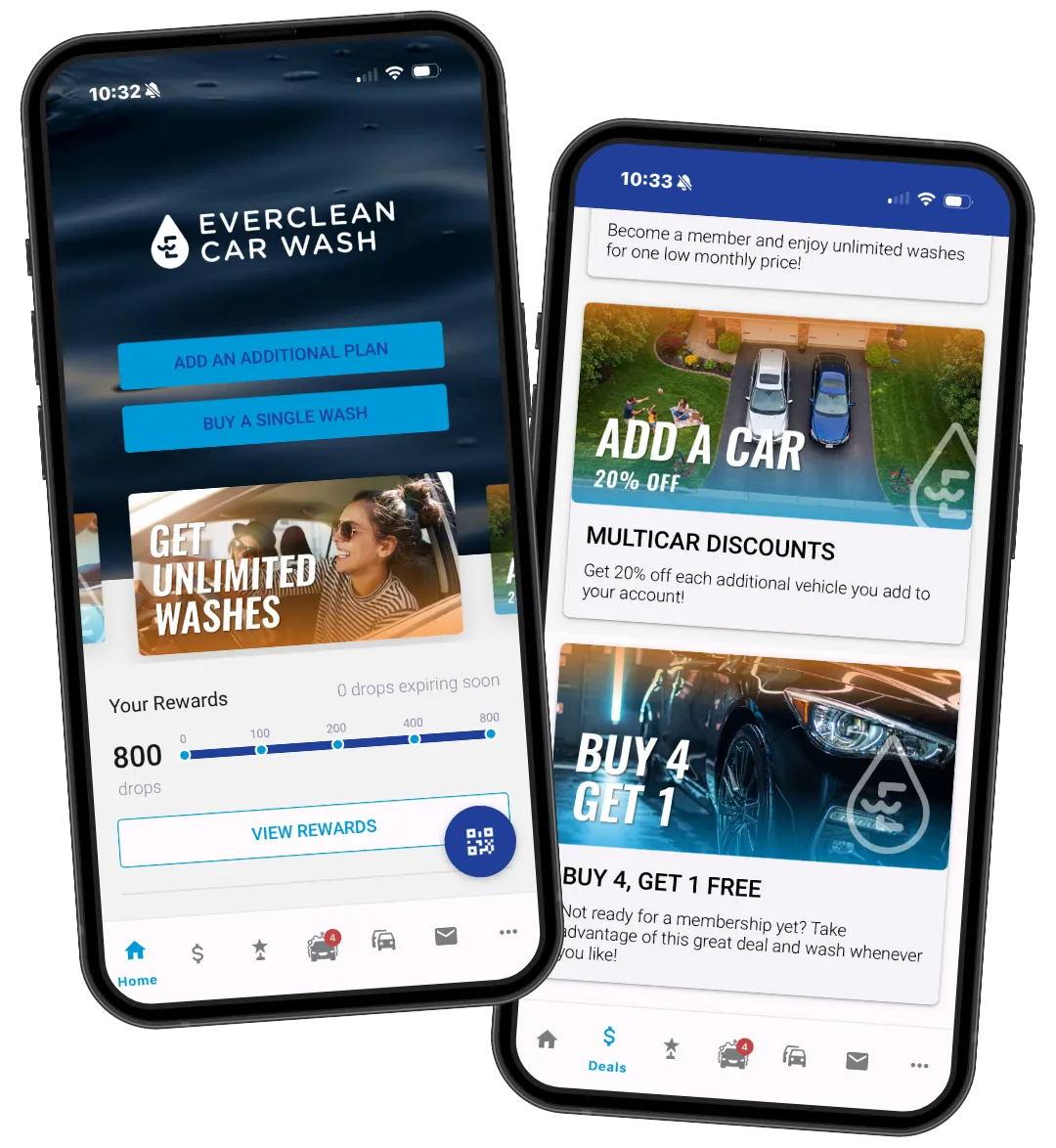 Two tilted smartphones showing a car wash app with blue buttons and offers like 'Add an additional plan' and 'Buy a single wash' on a dark blue background, branding at top.