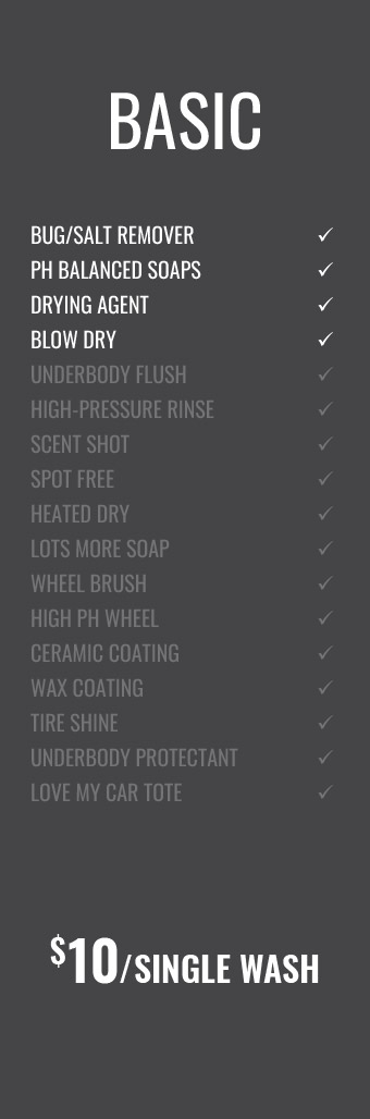 Dark gray infographic showing BASIC car wash plan with listed features and checkmarks, ending with $10 single wash.