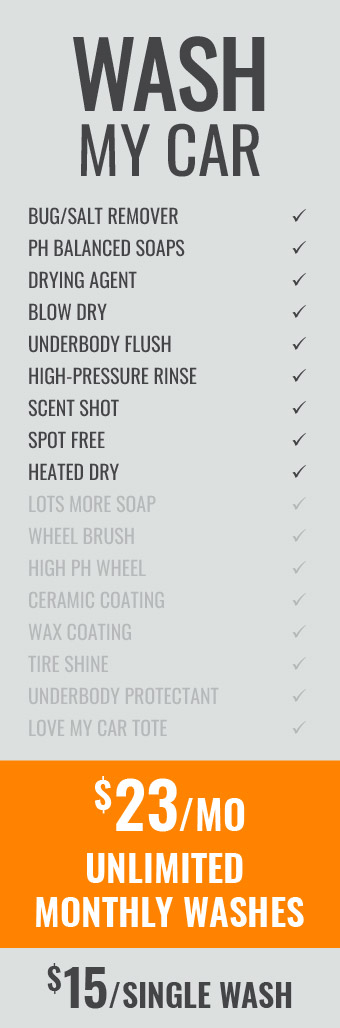 Vertical car wash ad listing services with check marks and bold pricing: $23/month unlimited washes and $15 for a single wash.